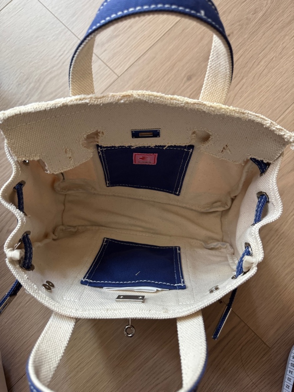 Mini Boatkin - Canvas Tote Bag with Blue Trim - Women's Handbag - Picture 8 of 10